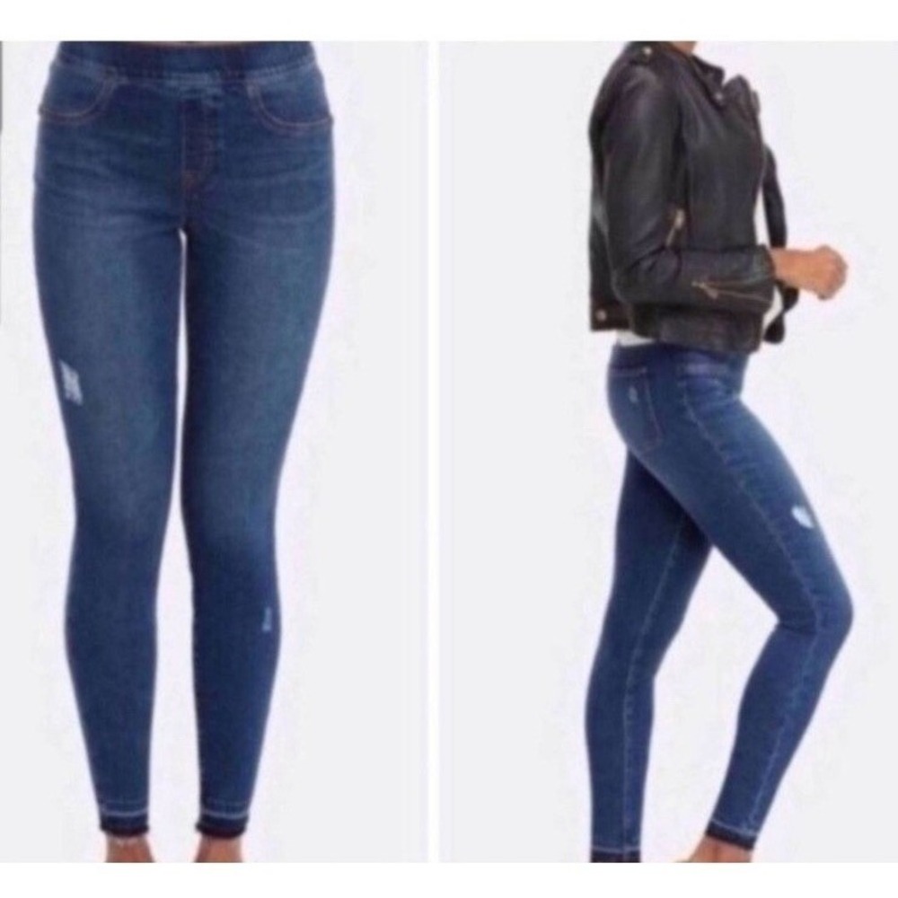 Spanx Ankle Skinny Jeans Women 1X‎ Blue Distressed Released Hem Pull On Jeggings